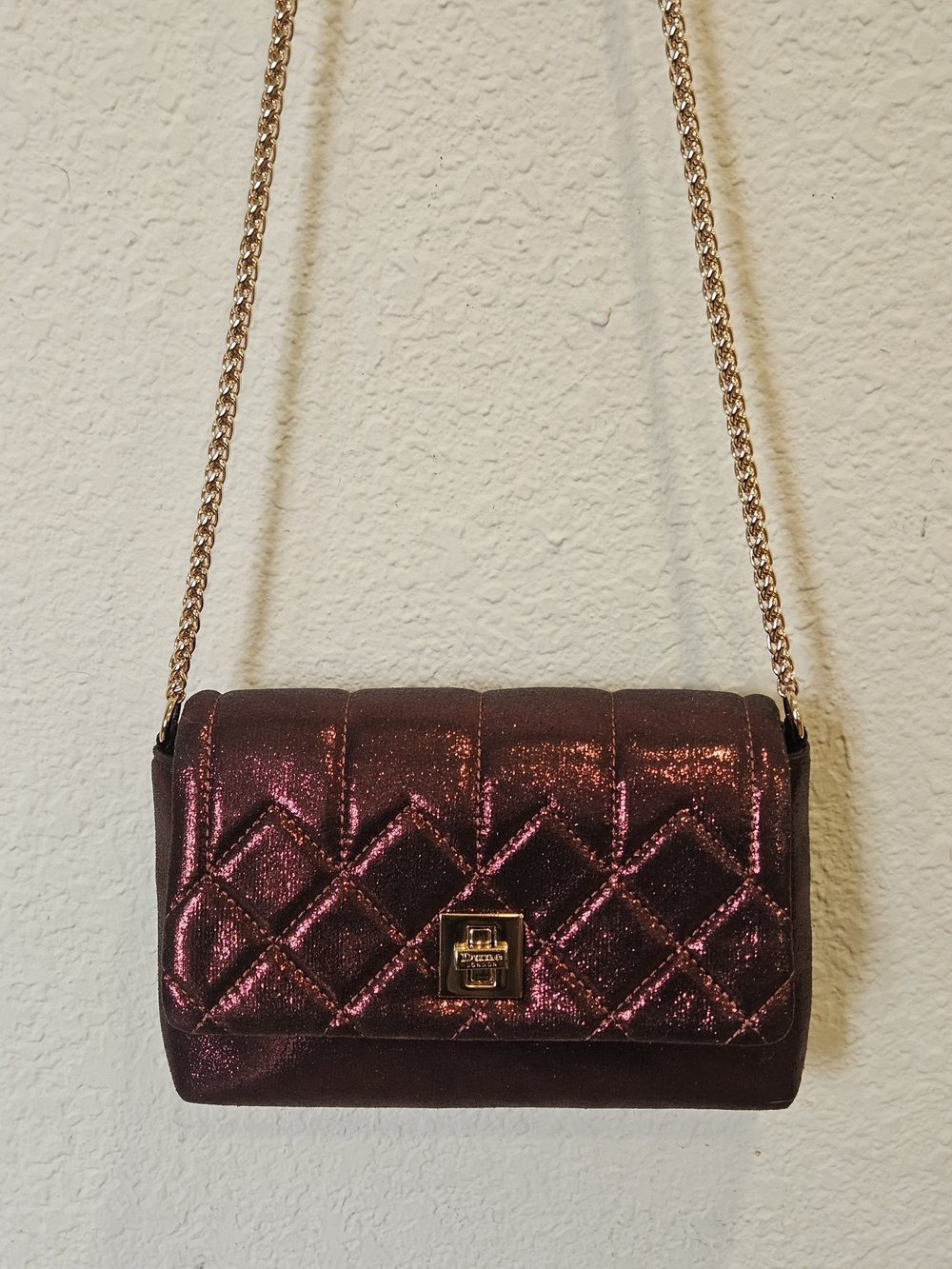 Authentic Dune London Quilted Metallic Crossbody Bag - Plum Gold Chain